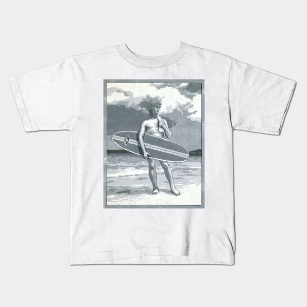 David on the beach with a classic BING surfboard. Kids T-Shirt by jurjenbertens